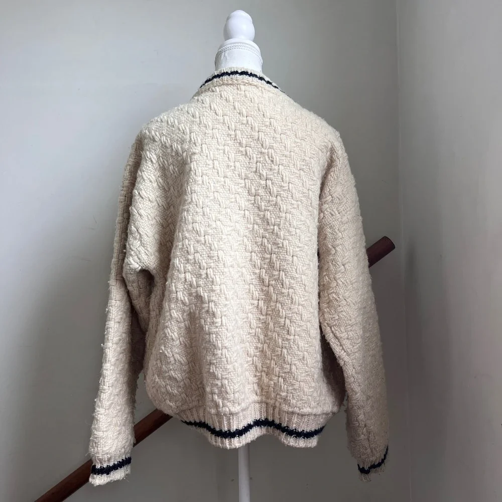 Vintage Chunky Cardigan Sweater Cream Basketweave Hand Knit Button Up Oversized